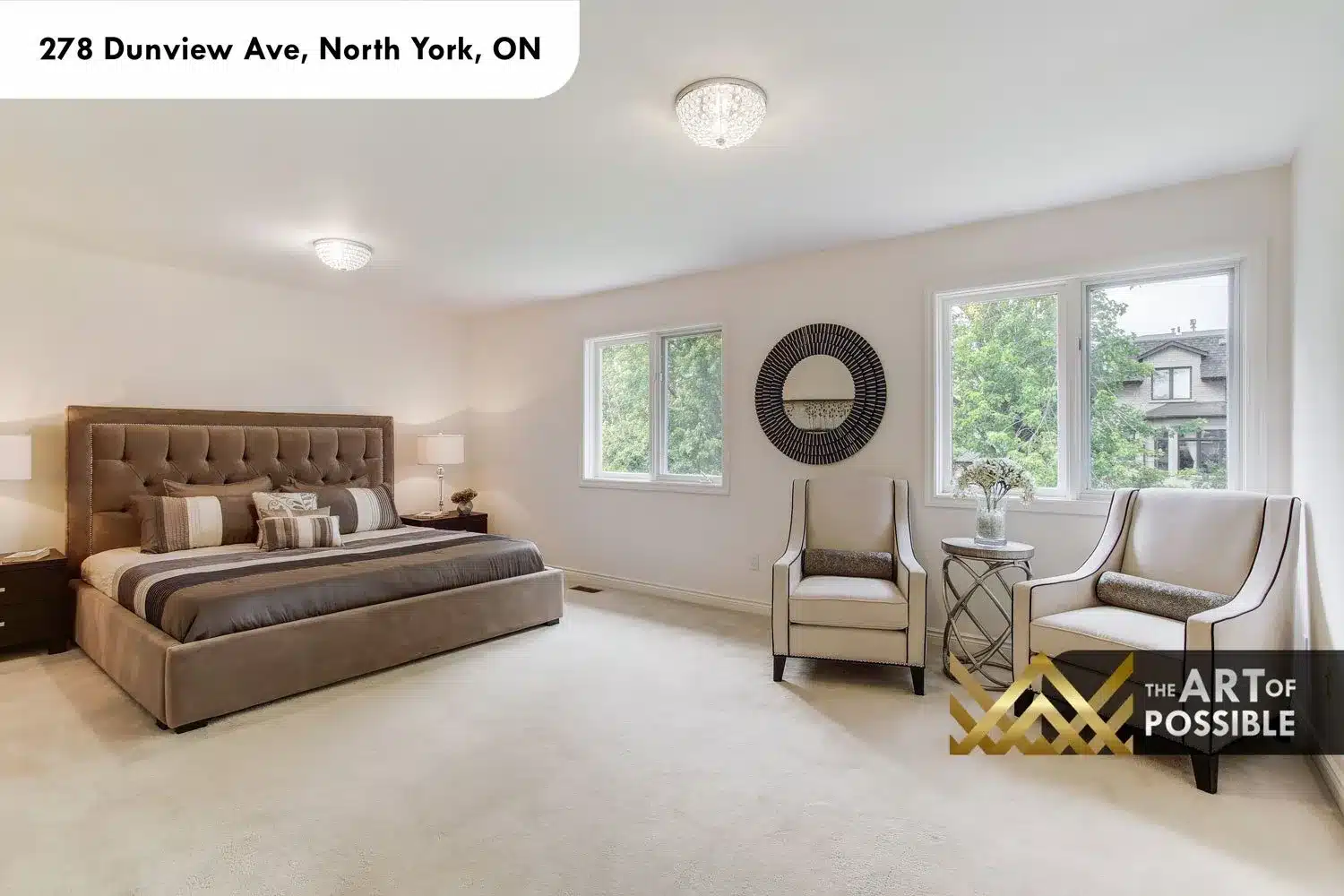 Primary suite at 278 Dunview Ave, king bed, neutral carpet, multiple windows and garden views