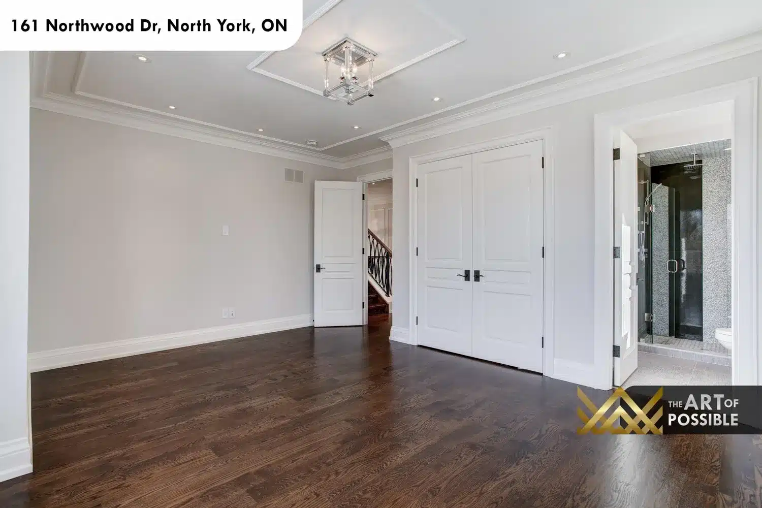 161 Northwood Dr North York secondary bedroom tray ceiling crown moulding crystal fixture hardwood floor