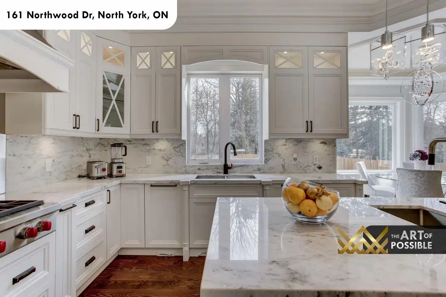 161 Northwood Dr North York kitchen perimeter counters marble backsplash matte black hardware