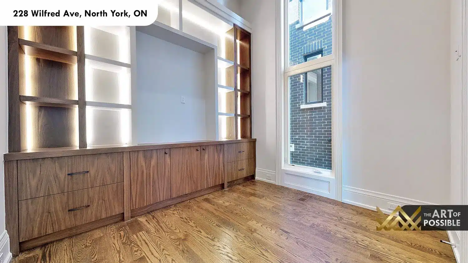 228 Wilfred Ave main floor office walnut built-in shelving LED lit