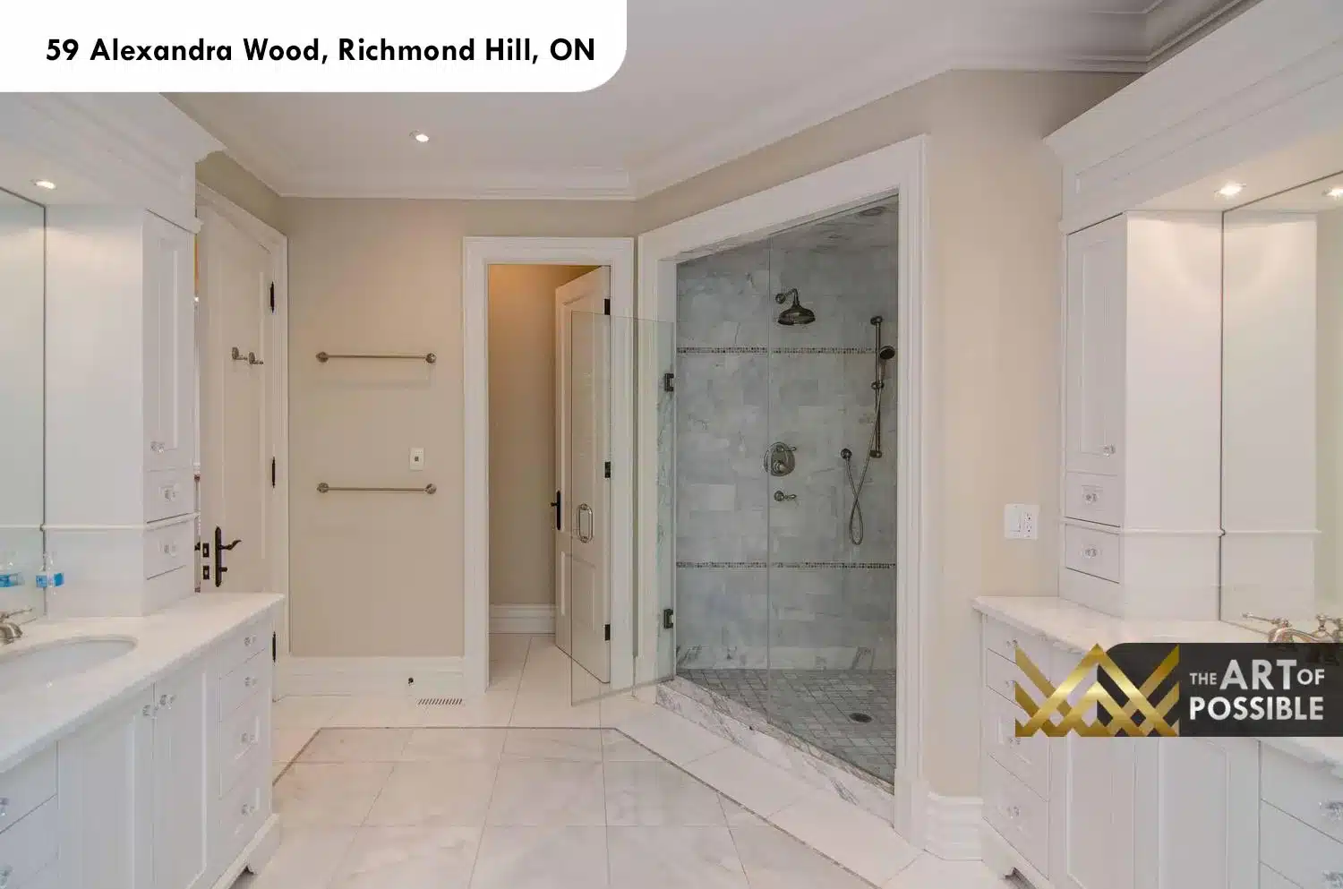 59 Alexandra Wood North York ensuite walk-in glass shower grey marble tile rain head chrome fixtures