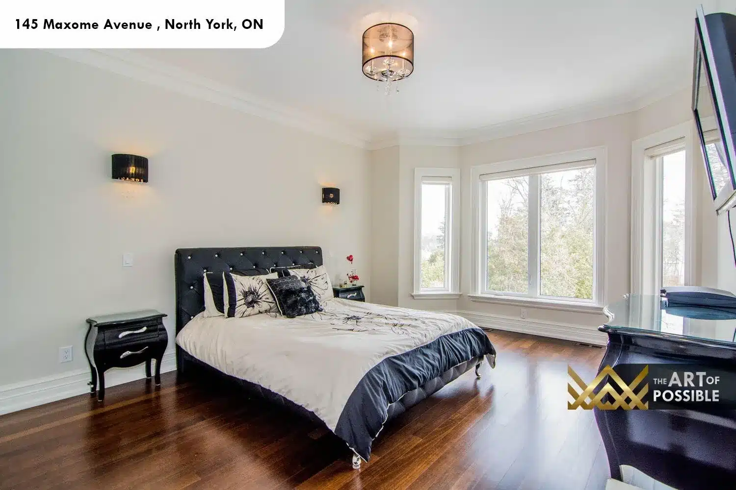 145 Maxome Avenue secondary bedroom bay window dark hardwood floors crown moulding