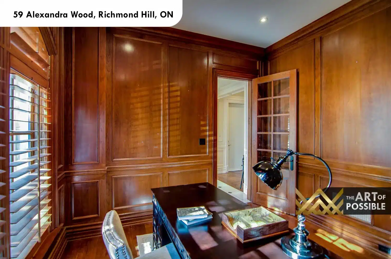 59 Alexandra Wood North York study wood panelled walls raised panels glass door