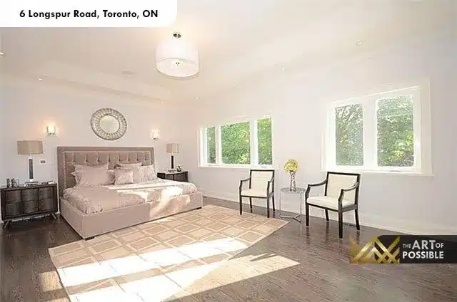 Primary bedroom with dark hardwood floors, tufted bed and three rear windows at 6 Longspur Rd Toronto