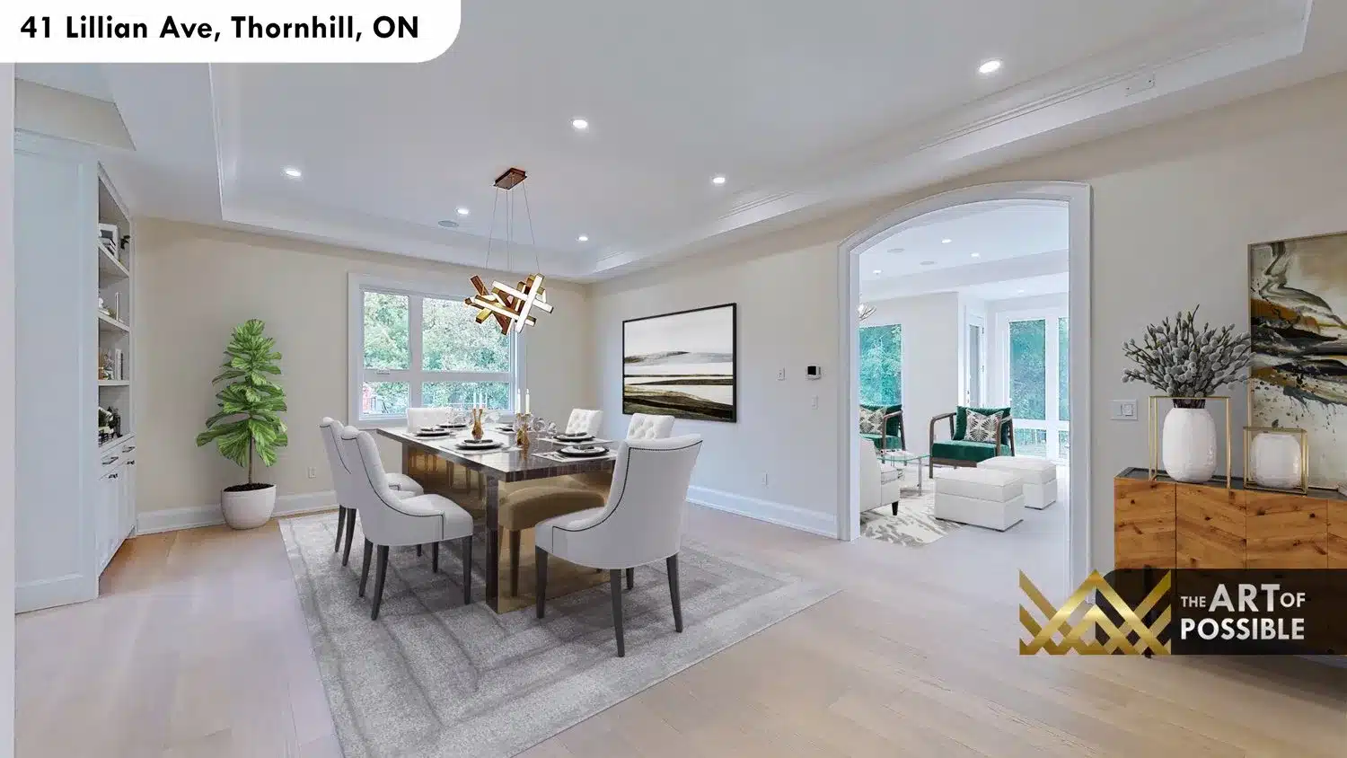 41 Lillian Ave Thornhill dining room tray ceiling gold walnut pendant chandelier built-in shelving