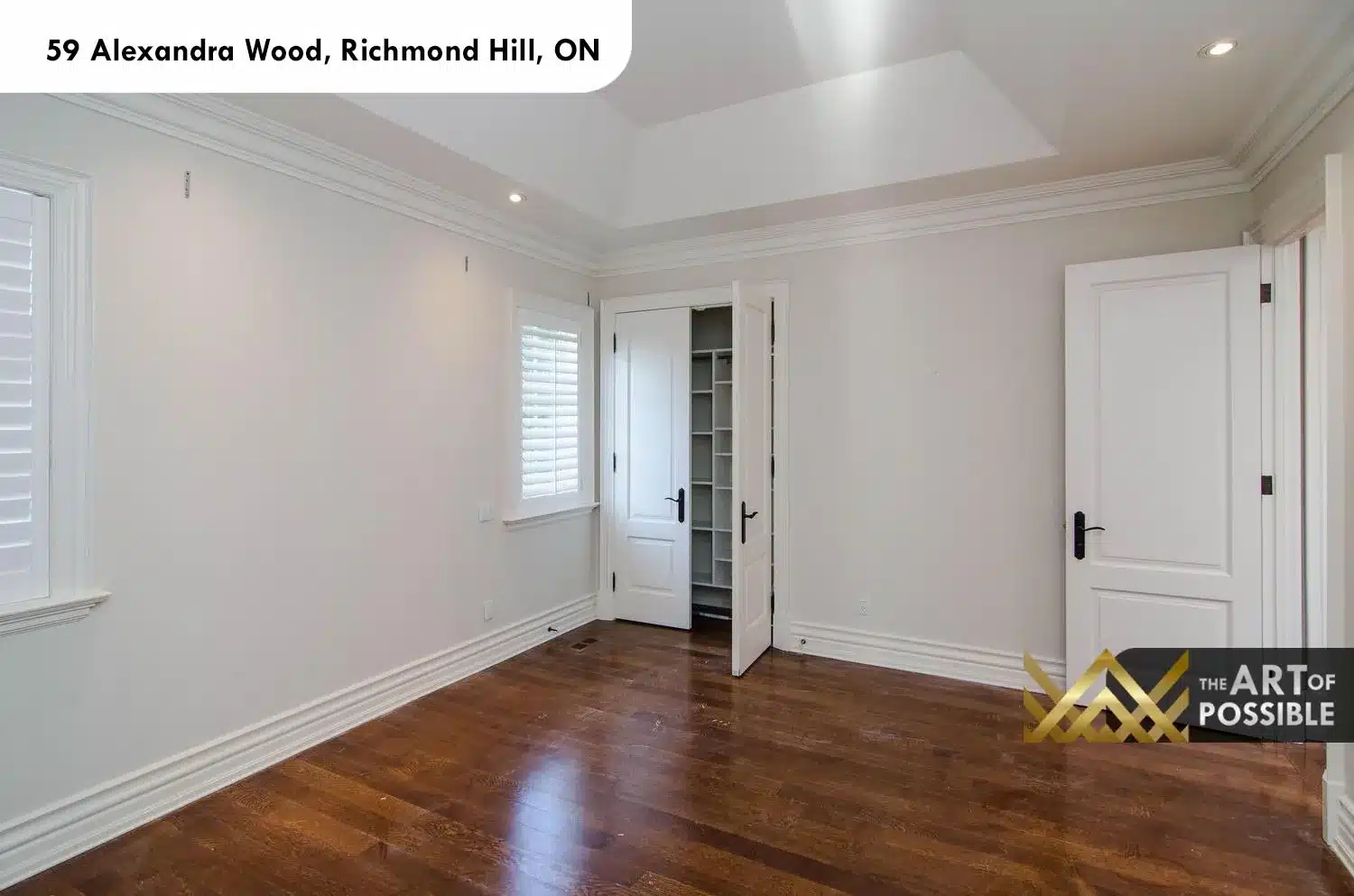 59 Alexandra Wood North York secondary bedroom tray ceiling walk-in closet shelving hardwood