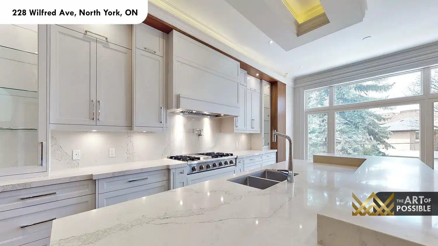 228 Wilfred Ave kitchen quartz backsplash gas range pot filler gold sink island