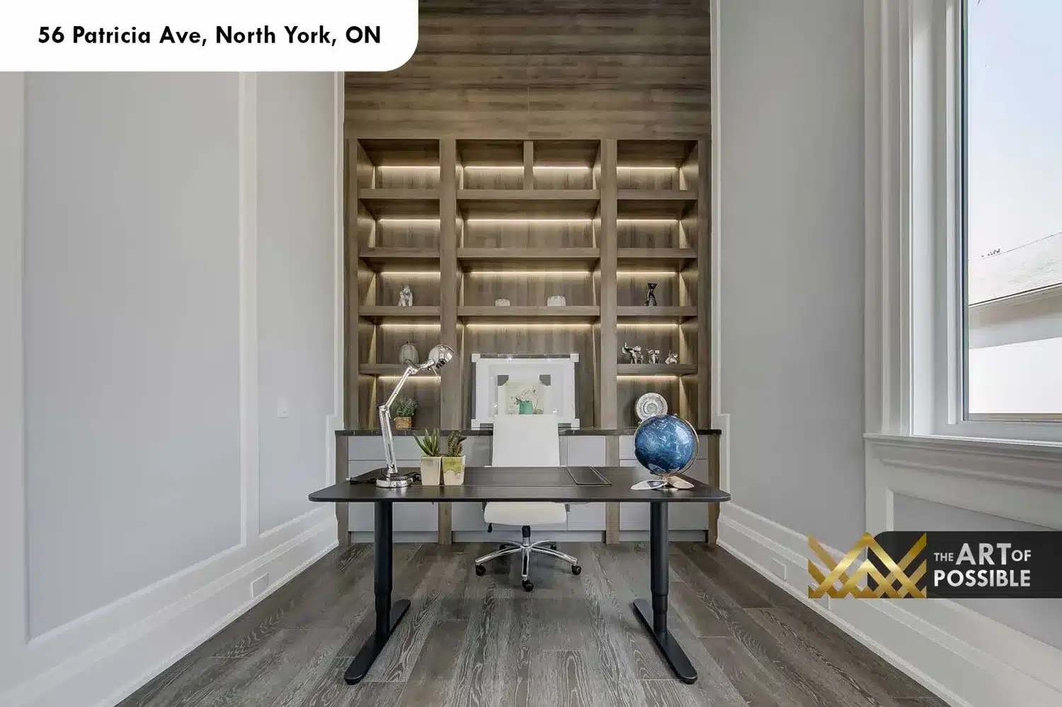 Home office at 56 Patricia Ave with two-storey built-in shelving and LED lighting