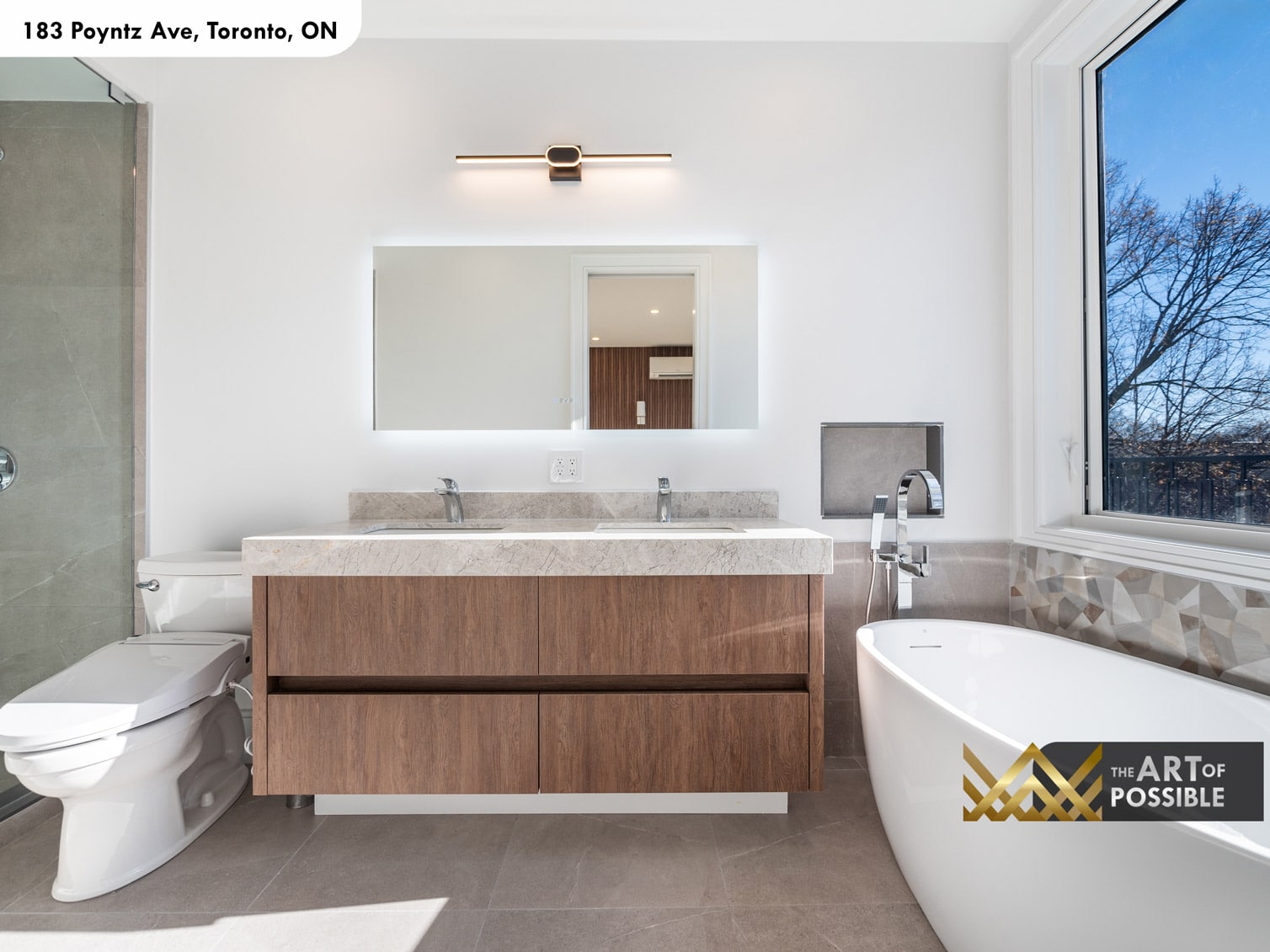 183 Poyntz Ave North York primary ensuite with double floating walnut vanity marble countertop freestanding soaker tub and diamond mosaic tile accent wall