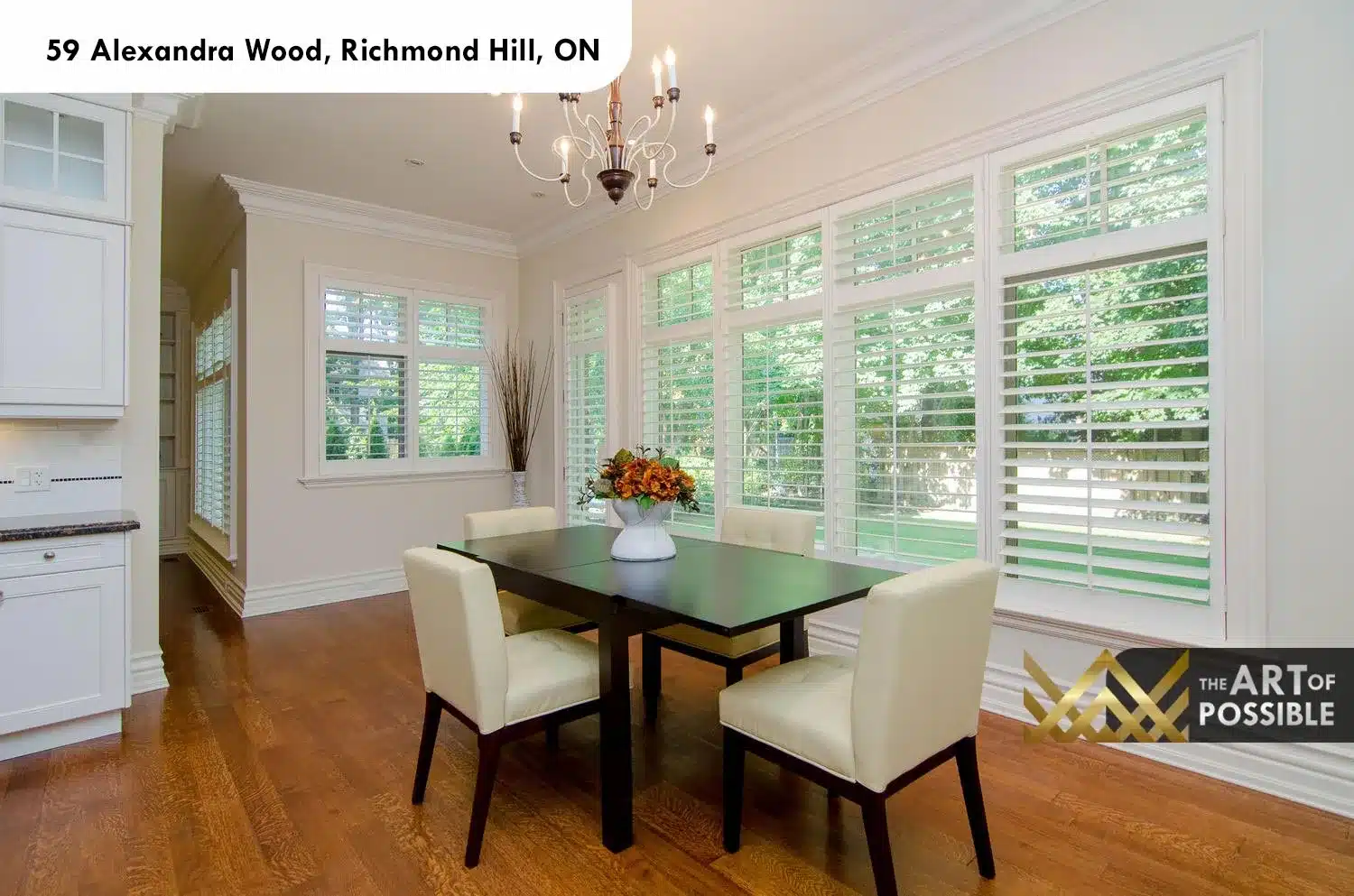 59 Alexandra Wood North York breakfast room plantation shutters chandelier French doors hardwood