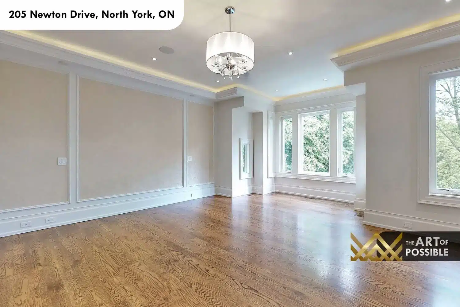 205 Newton Drive secondary bedroom coffered ceiling chandelier wainscoting