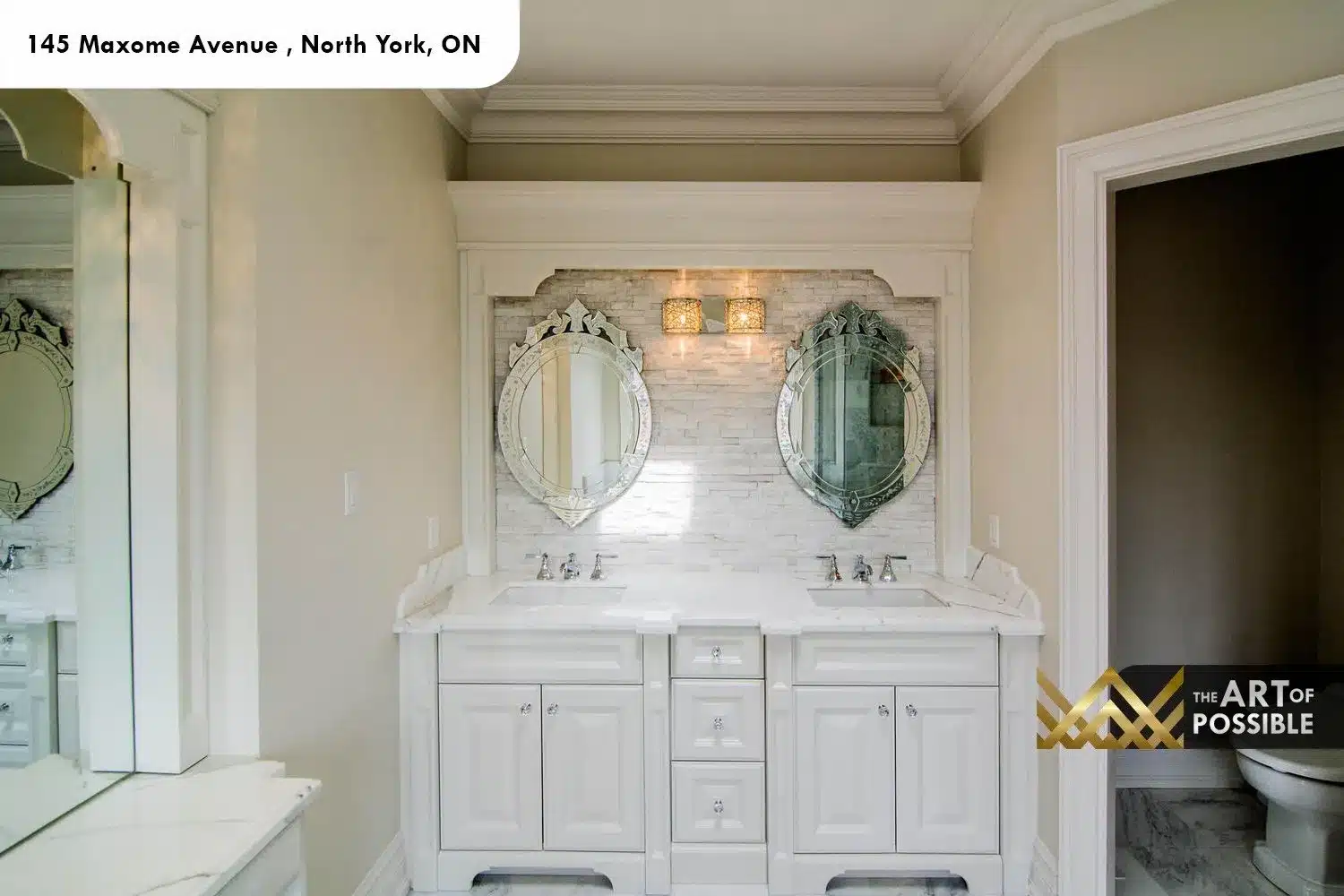 145 Maxome Avenue ensuite double vanity Venetian mirrors silver mosaic tile backsplash chrome fixtures
