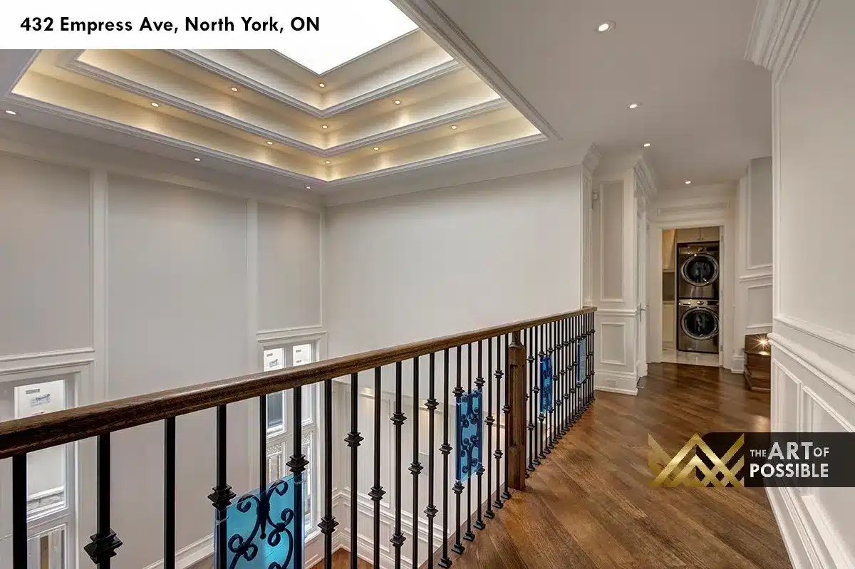 432 Empress Ave - second floor landing with skylight tray ceiling and black iron balusters