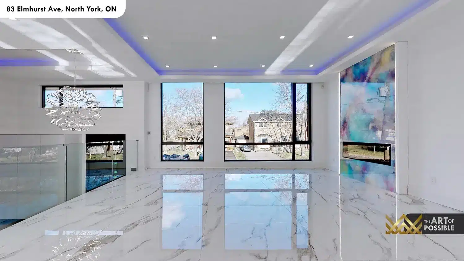 83 Elmhurst Ave North York living room chandelier colorful art glass fireplace marble