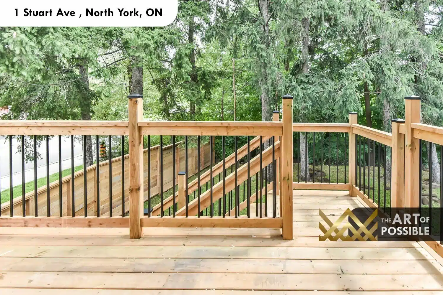 1 Stuart Ave rear cedar deck black iron railing mature trees