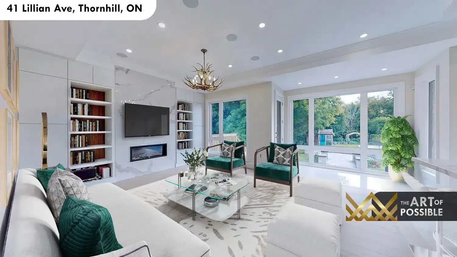 41 Lillian Ave Thornhill family room marble fireplace antler chandelier floor to ceiling windows