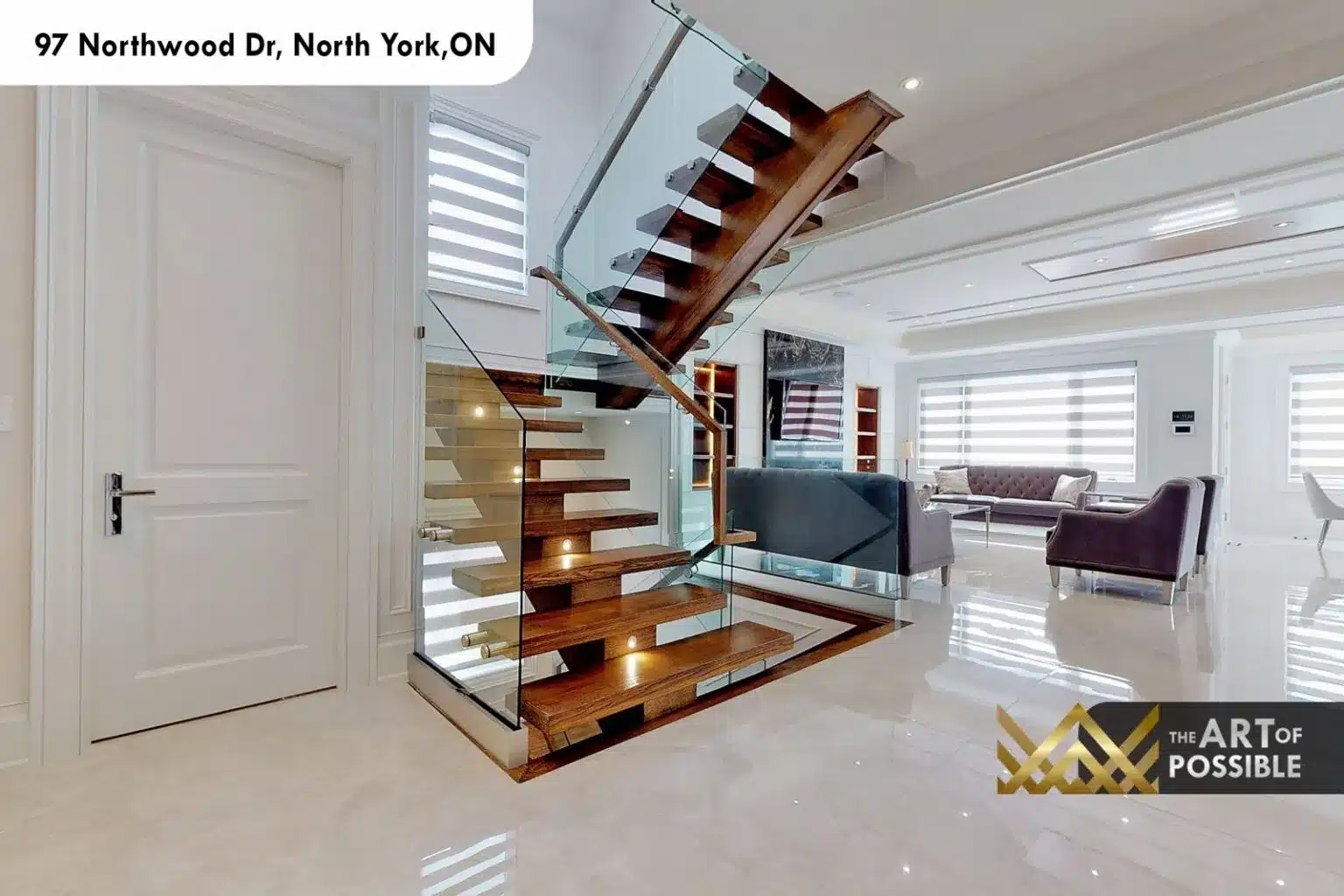 97 Northwood Dr floating walnut stair glass railing panels LED step lighting