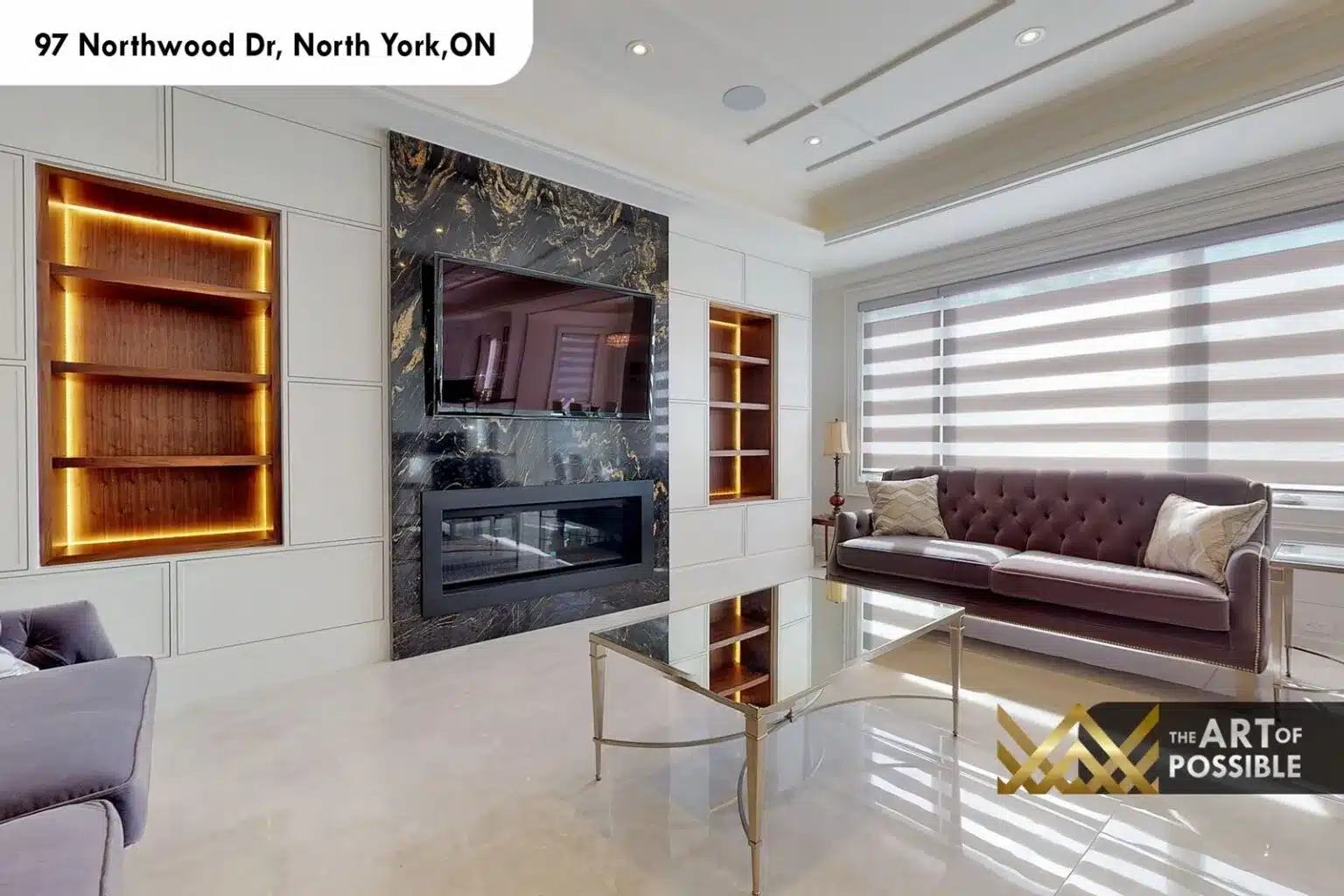 97 Northwood Dr family room black gold marble fireplace wall LED shelving niches