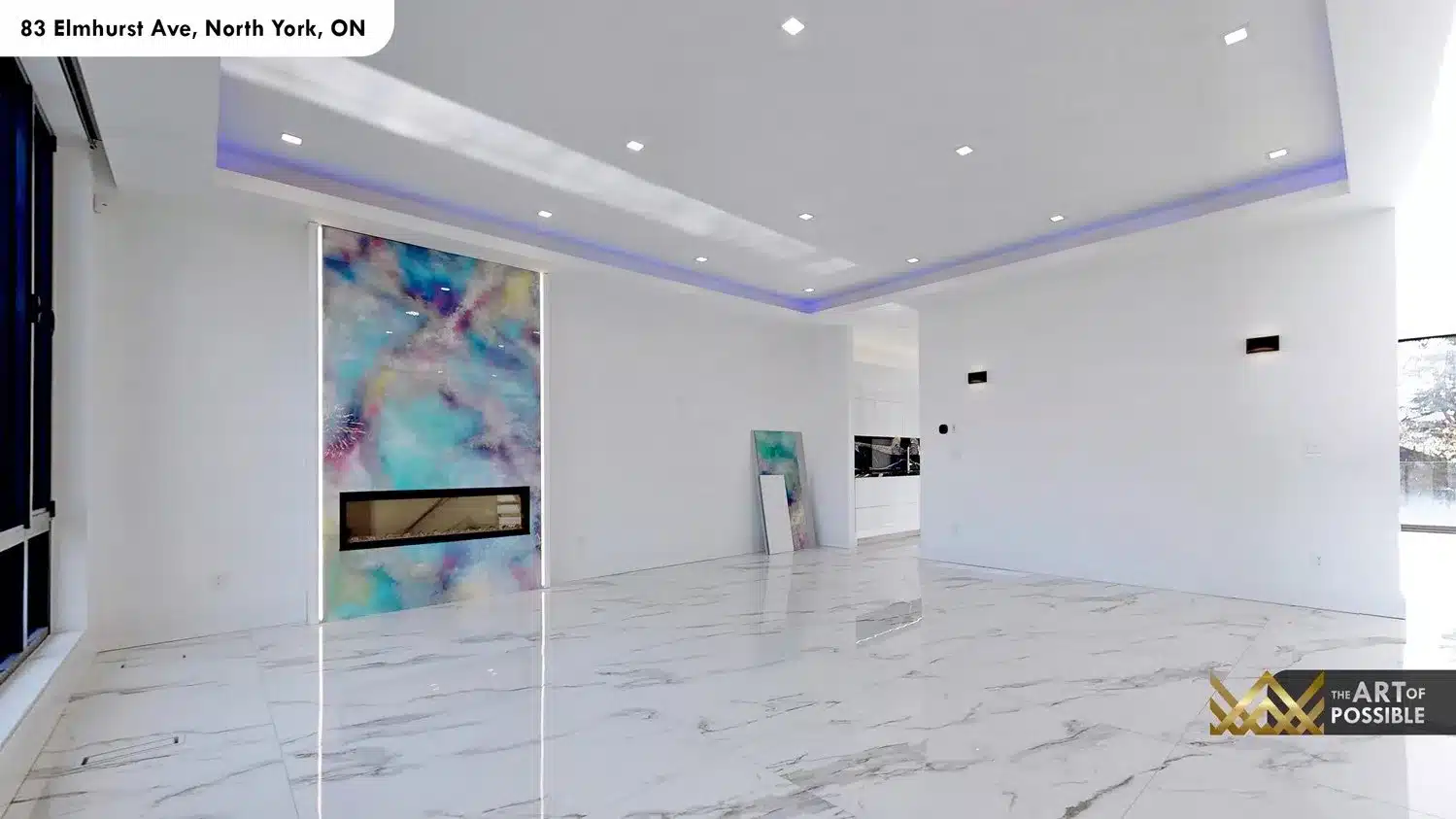 83 Elmhurst Ave North York living room linear fireplace colorful glass panel