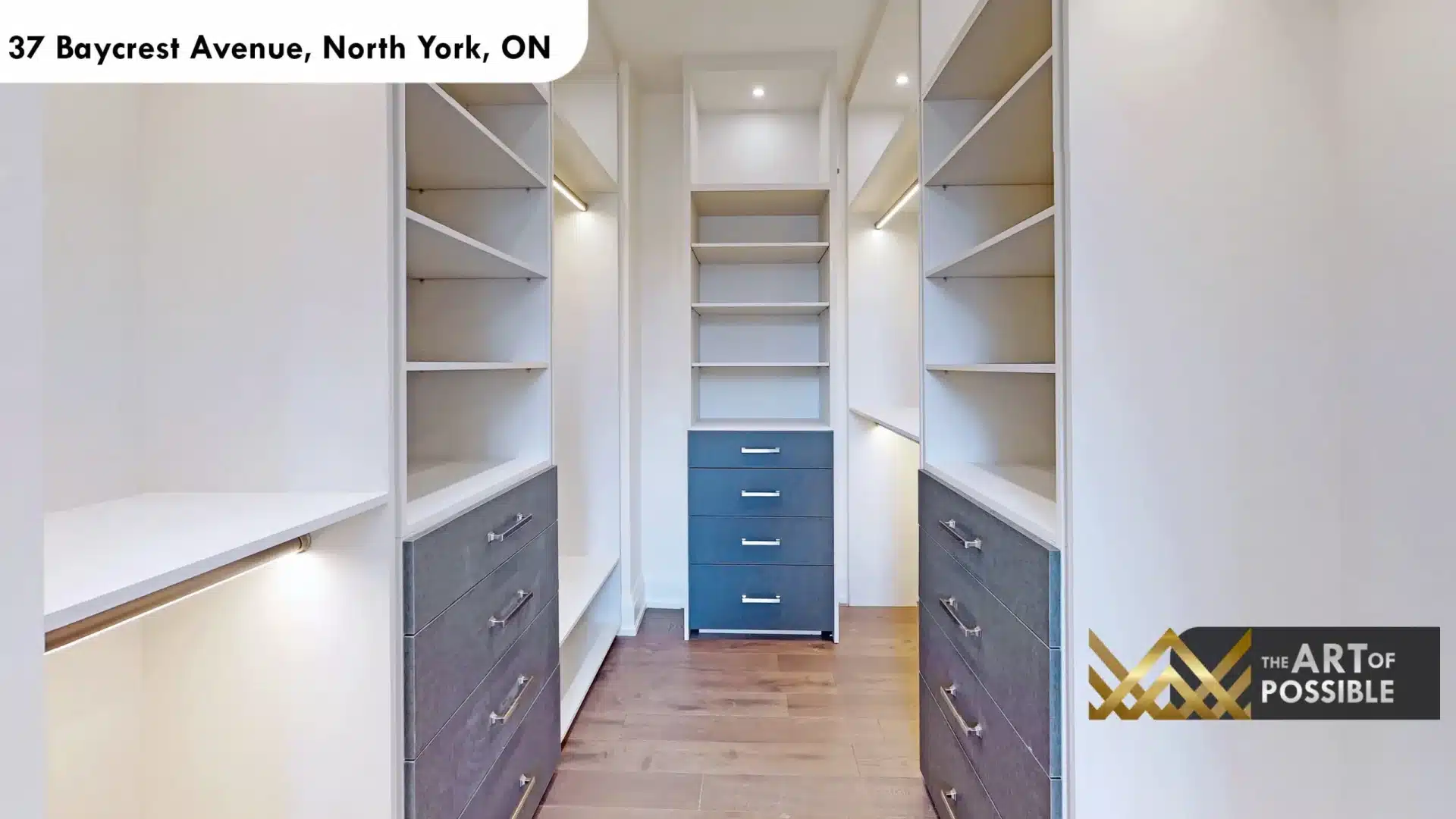 37 Baycrest Ave primary walk-in closet dual aisle LED shelf lighting blue grey centre island drawer unit