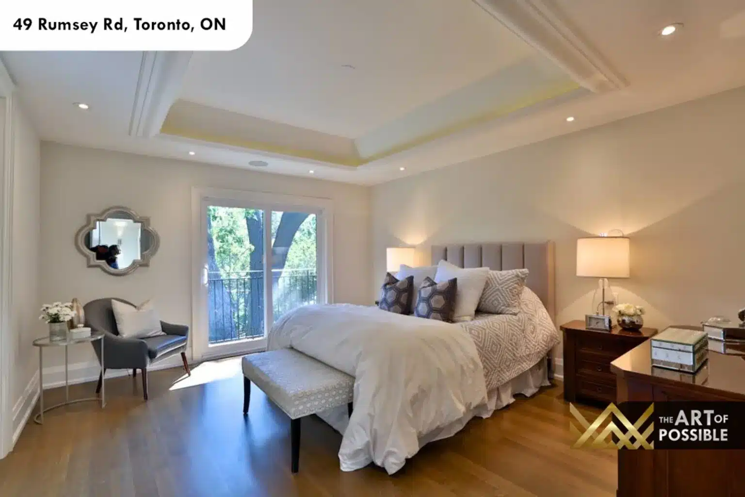 49 Rumsey Rd primary bedroom double tray ceiling LED cove lighting private balcony iron railing