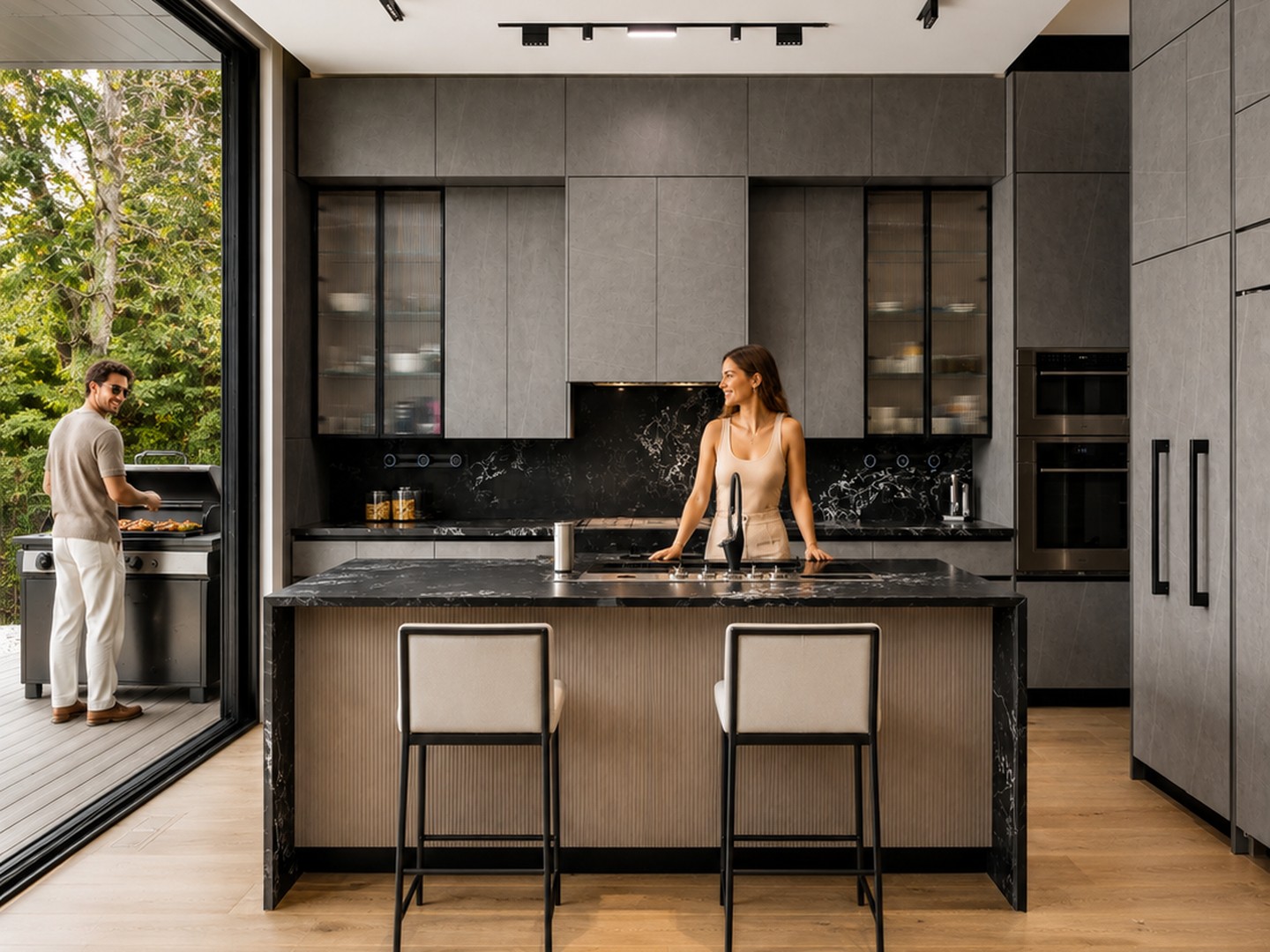 Kitchen at a KingsGate custom residence with black marble waterfall island, grey cabinetry and sliding glass doors open to the outdoor terrace