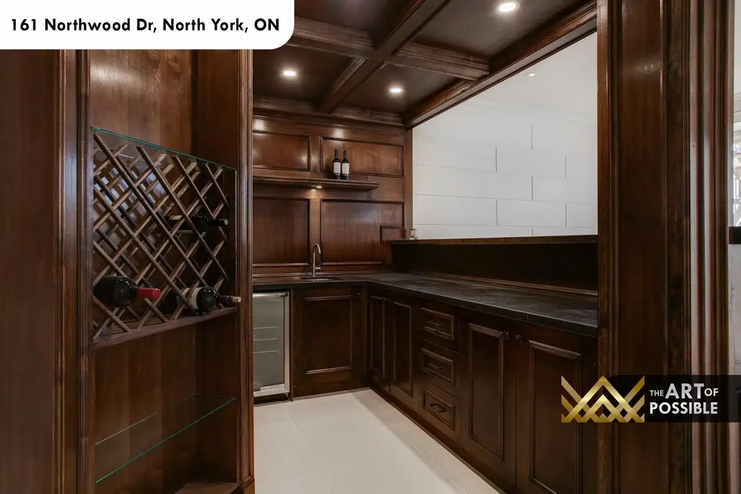 161 Northwood Dr North York basement bar interior walnut coffered ceiling wine rack beverage fridge