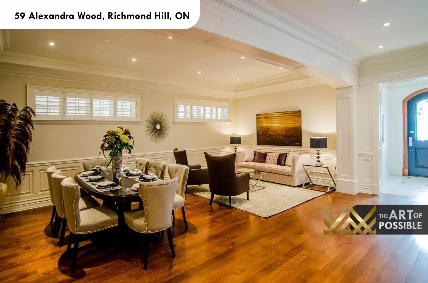 59 Alexandra Wood North York open plan dining living room tray ceiling wainscoting hardwood floors