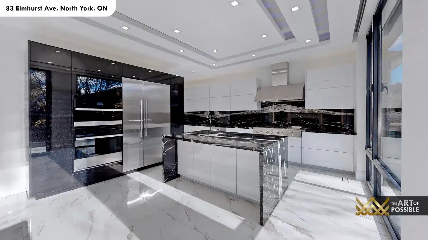 83 Elmhurst Ave North York kitchen Nero Marquina marble island white lacquer cabinetry