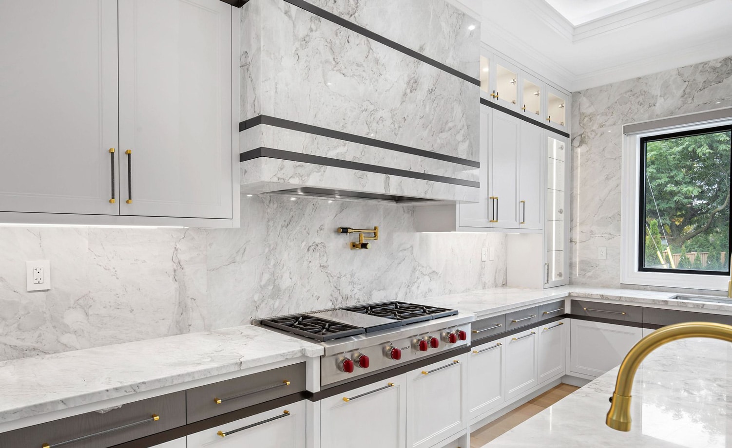 Gourmet kitchen with waterfall island