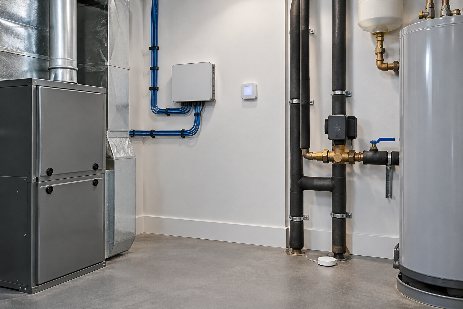 Mechanical-room control station with temperature sensors, leak detection and neatly coordinated service wiring